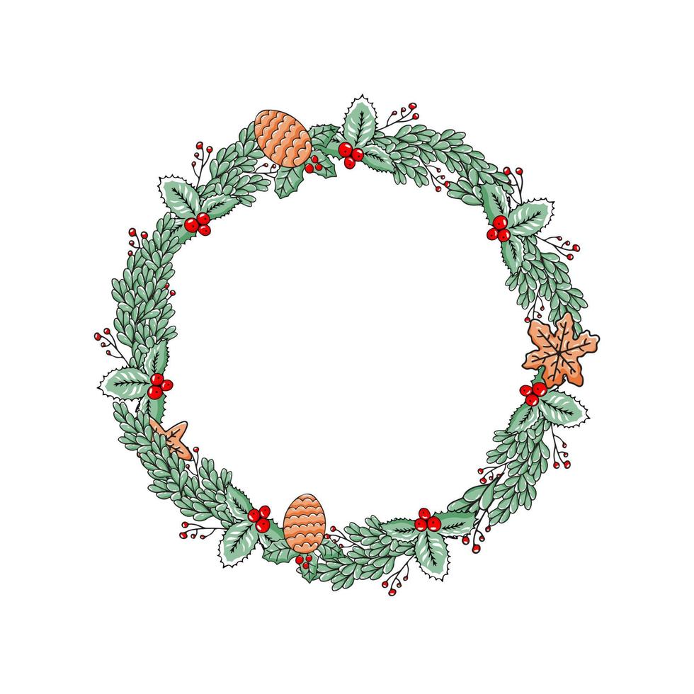 Corona de Navidad hecha de elementos de doodle de plantas aisladas sobre fondo blanco. vector