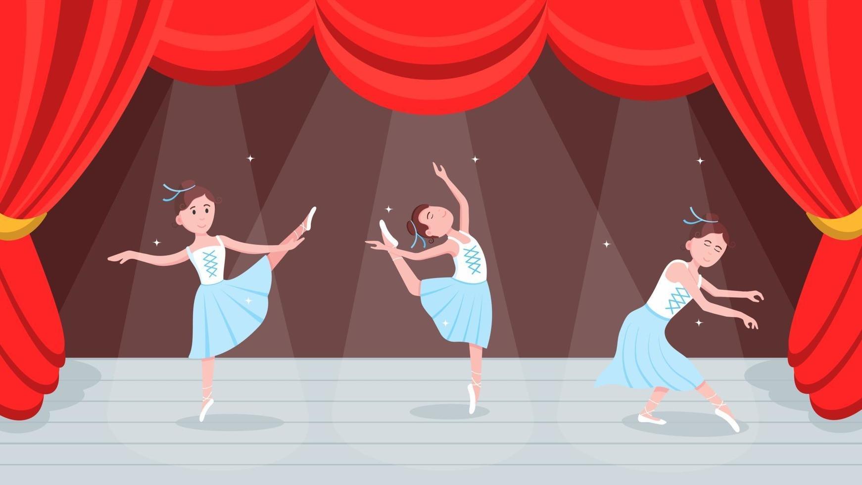 cortinas rojas abiertas, escena de baile con hermoso conjunto de bailarina. vector