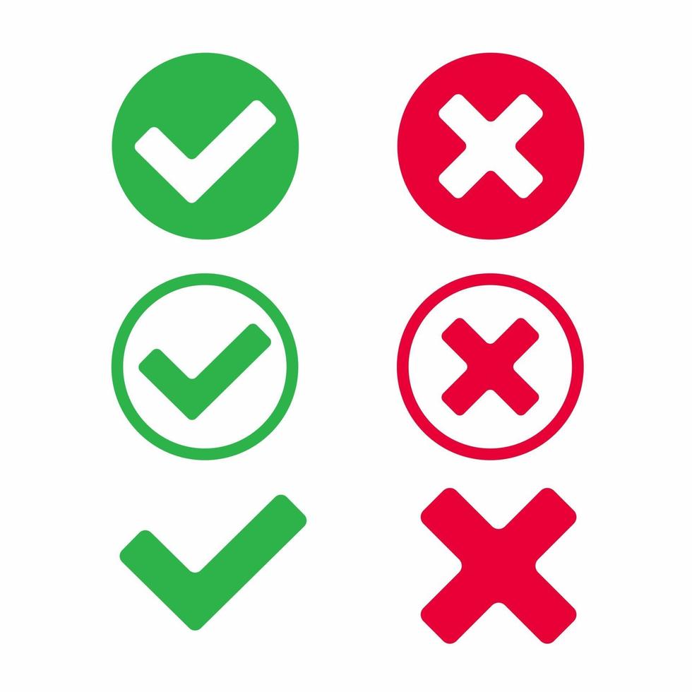 Check marks icon signs vector illustration set. Yes or no, right and wrong, in the circle and without it, tick and cross, OK or X flat design version of check mark buttons