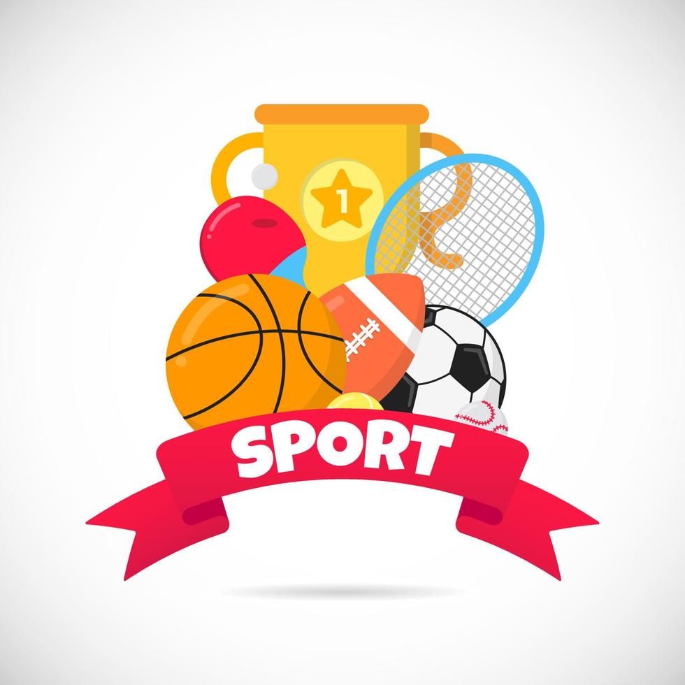 Sport time flat style design equipment poster vector illustration  with balls - soccer, football, basketball. Cup goblet tennis and ping pong racket,  big red ribbon and text space isolated on white.