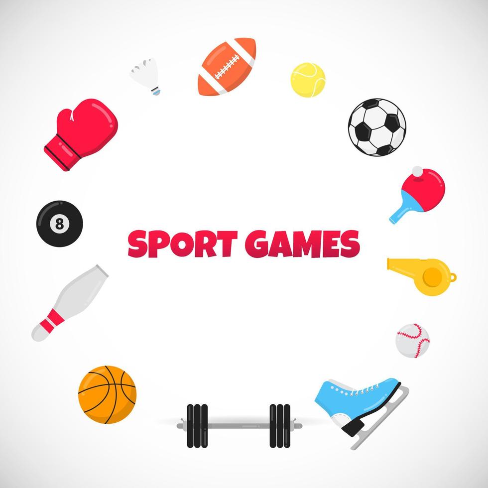 Composición de juegos deportivos con pelotas: fútbol, fútbol, baloncesto. raqueta de tenis y ping pong alrededor. Ilustración de vector de diseño de estilo plano de equipamiento deportivo aislado en blanco.