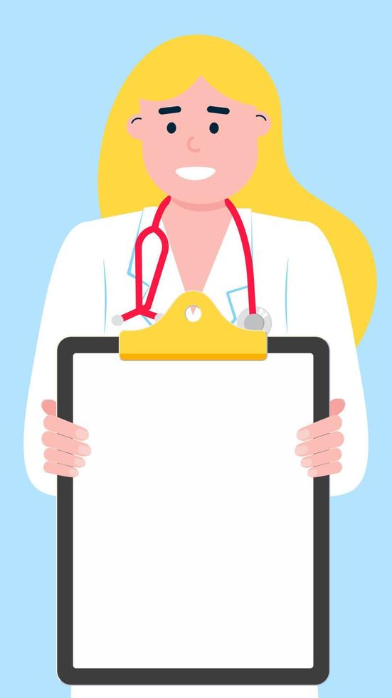 Close-up doctor holding a clipboard without text for stories. Paper for writing or useful information flat style design isolated on light blue background. Female woman, hospital employee, stethoscope. vector