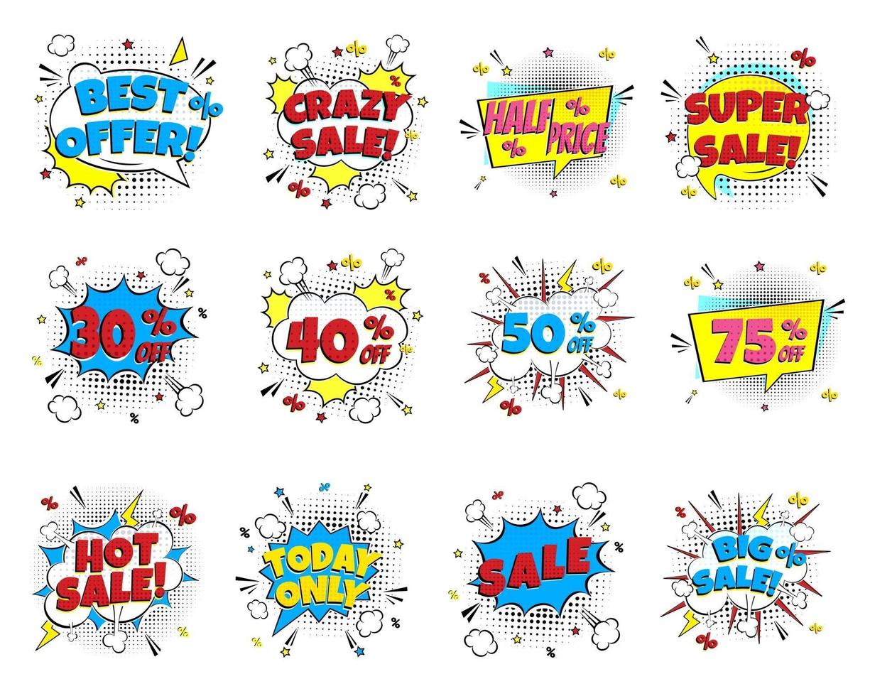 12 burbujas de discurso de oferta especial con letras cómicas sobre la venta en un diseño plano de estilo cómico. Ilustración de arte pop vintage retro dinámico aislado sobre fondo blanco. Venta caliente, oferta especial, etc. vector