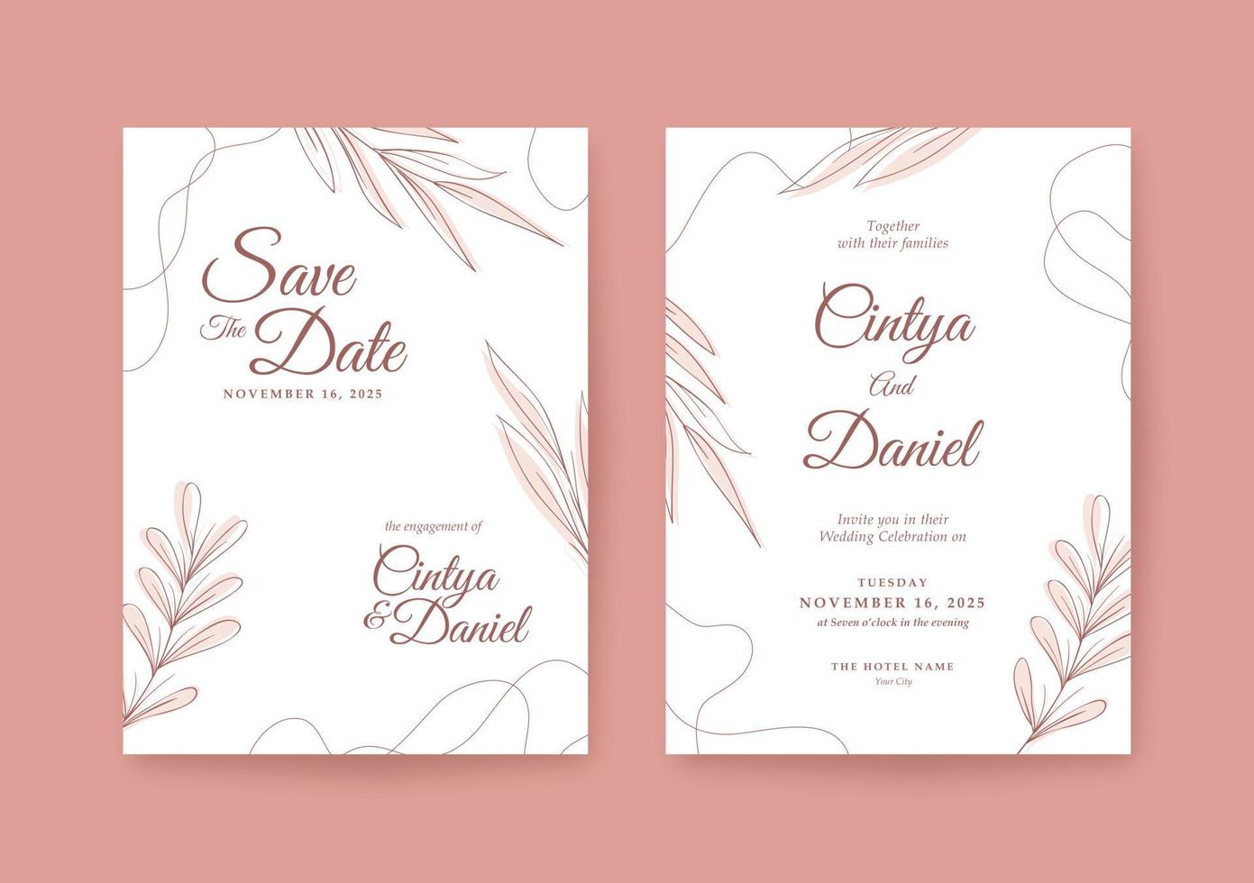 Minimalist sweet brown wedding invitation template vector