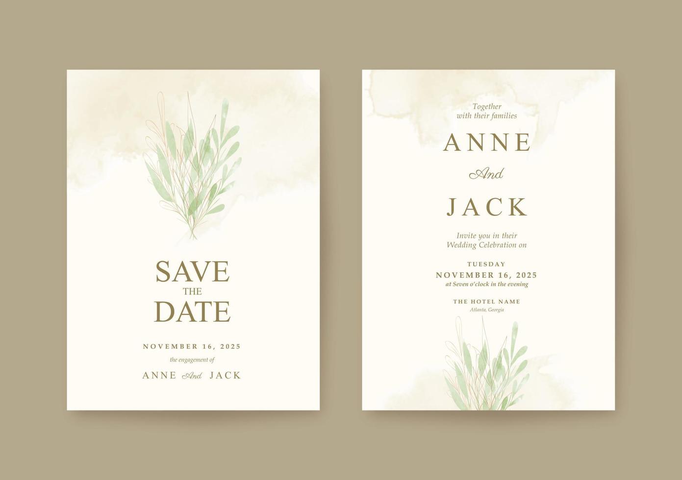 plantilla de invitación de boda minimalista con hojas doradas y verdes vector