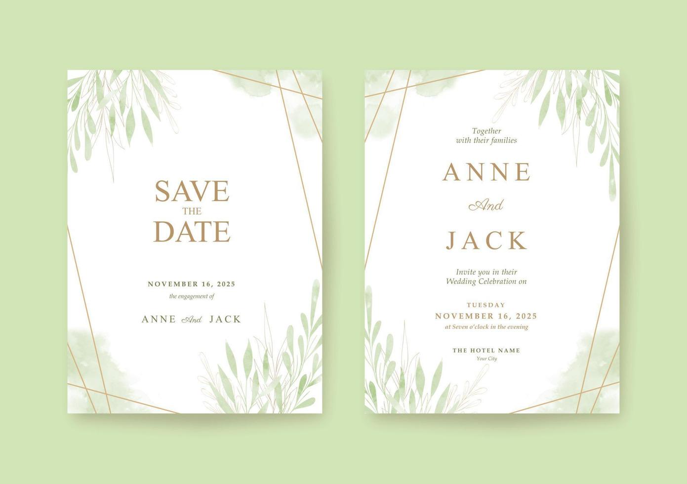 plantilla de invitación de boda hermosa y romántica de vegetación vector