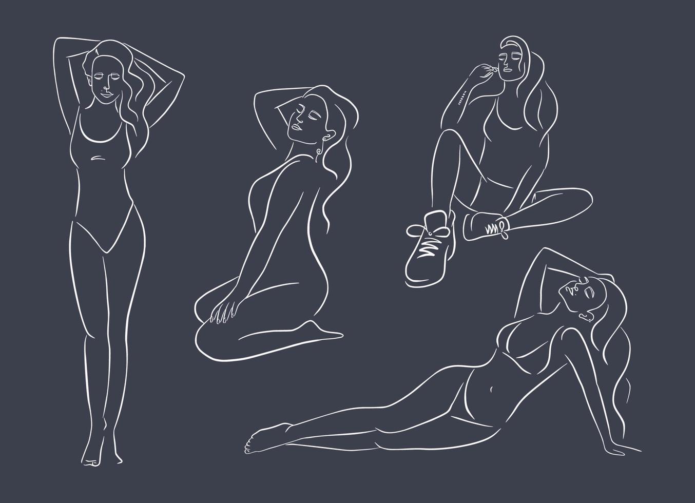 Gorgeous Women in Different Poses Set. Line art. Hand Drawn collection of female illustrations for prints, logo, emblem, web, cosmetics, spa, beauty care products vector