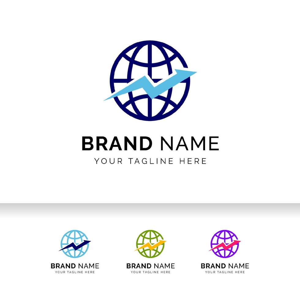 logotipo de los mercados de valores mundiales. Logotipo de empresa global con icono de flecha y globo. vector