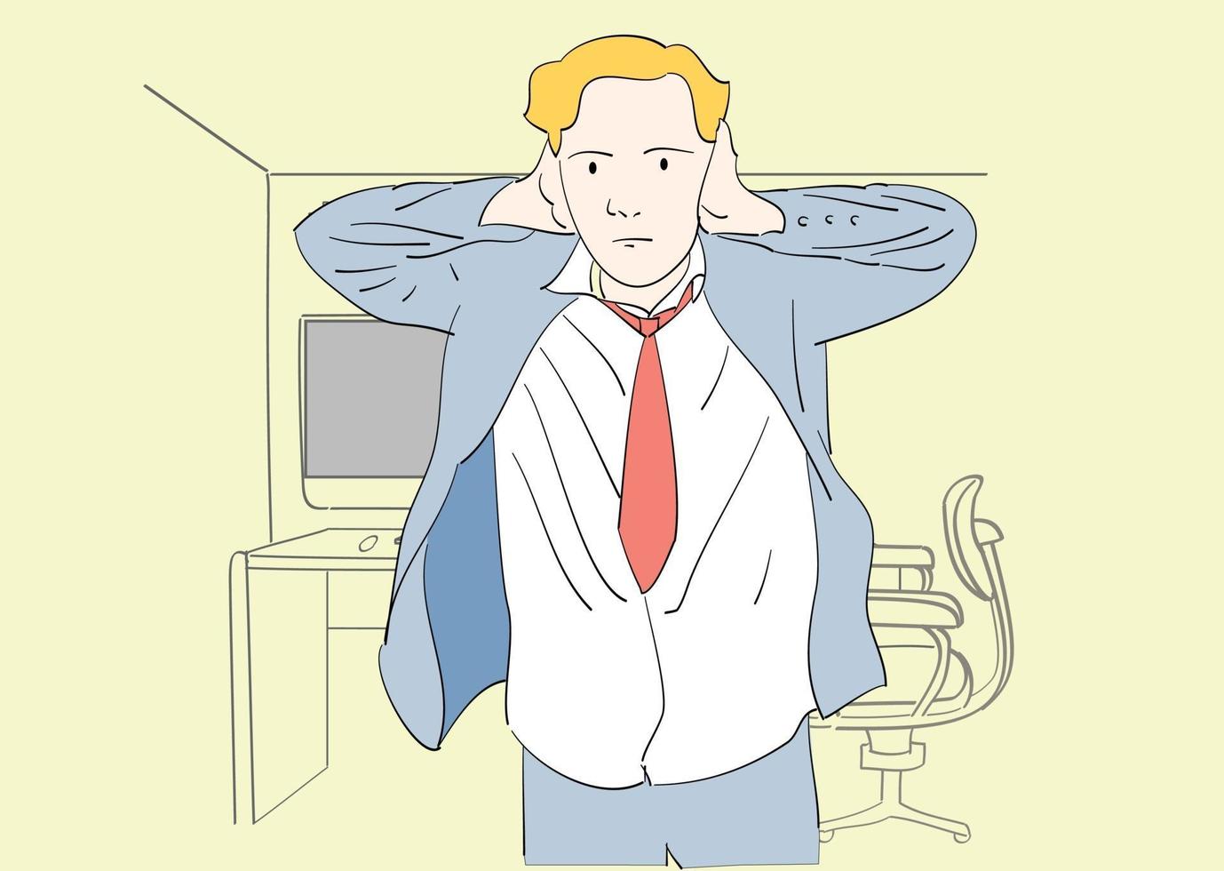 Businessman covered his ears at his office. Hand drawn style vector. vector