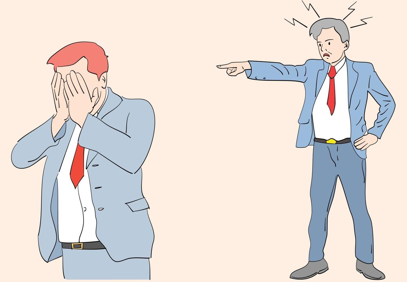 Angry executive pointing out his employee. Hand drawn style vector design illustrations.eps