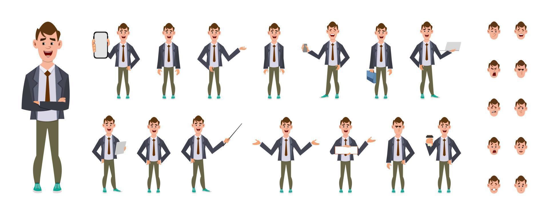 Cute businessman cartoon character set. Character set in different poses or gestures vector