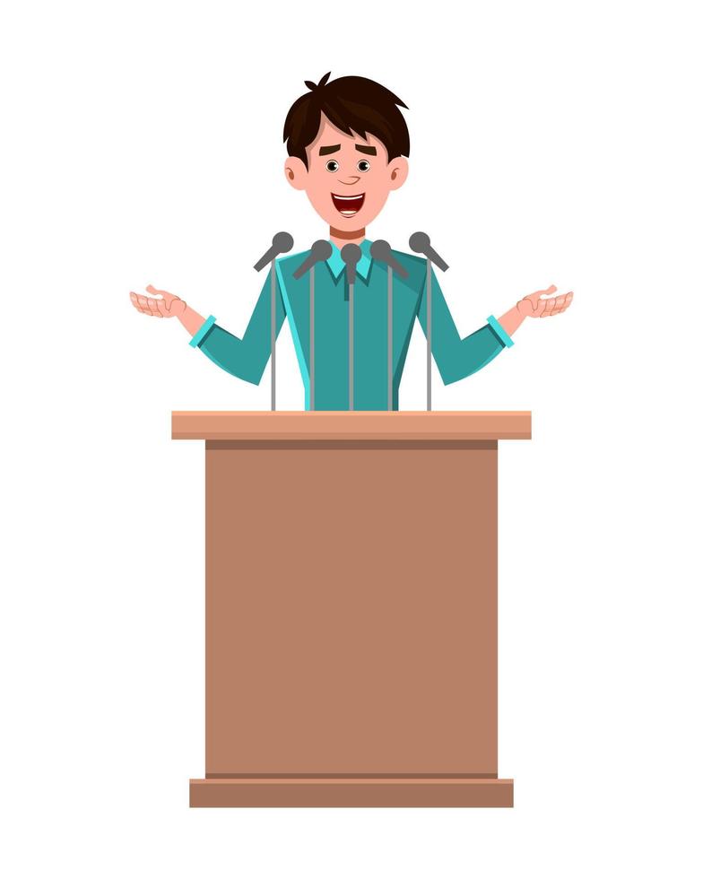 El orador del personaje de dibujos animados del empresario está detrás del podio y habla vector
