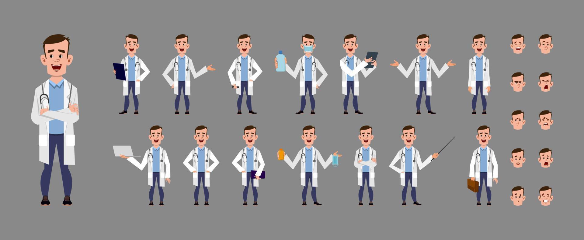 conjunto de personajes de dibujos animados de joven médico. conjunto de caracteres en diferentes poses o gestos vector