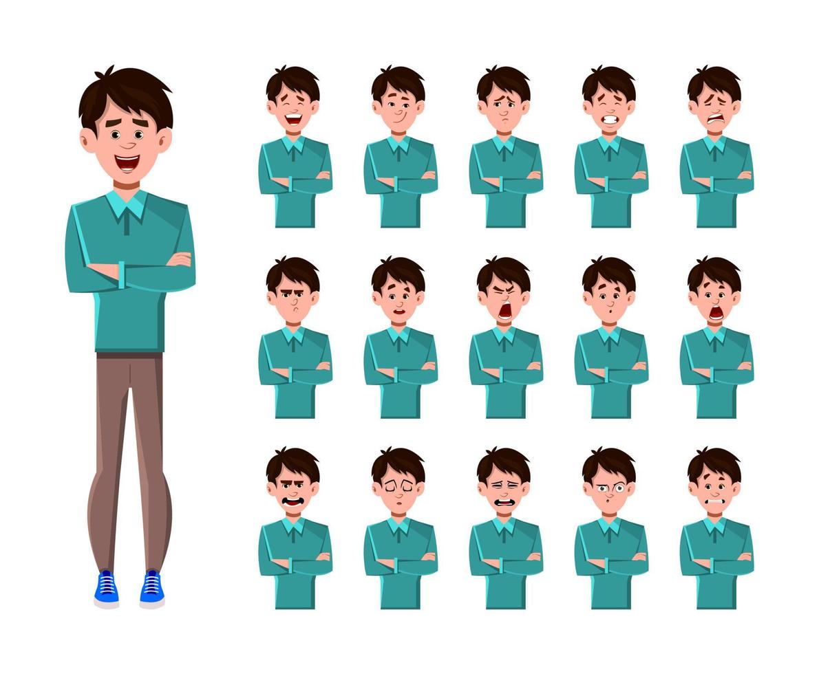 personaje de dibujos animados de empresario con diferentes expresiones faciales. Diferentes emociones faciales para animación personalizada. vector