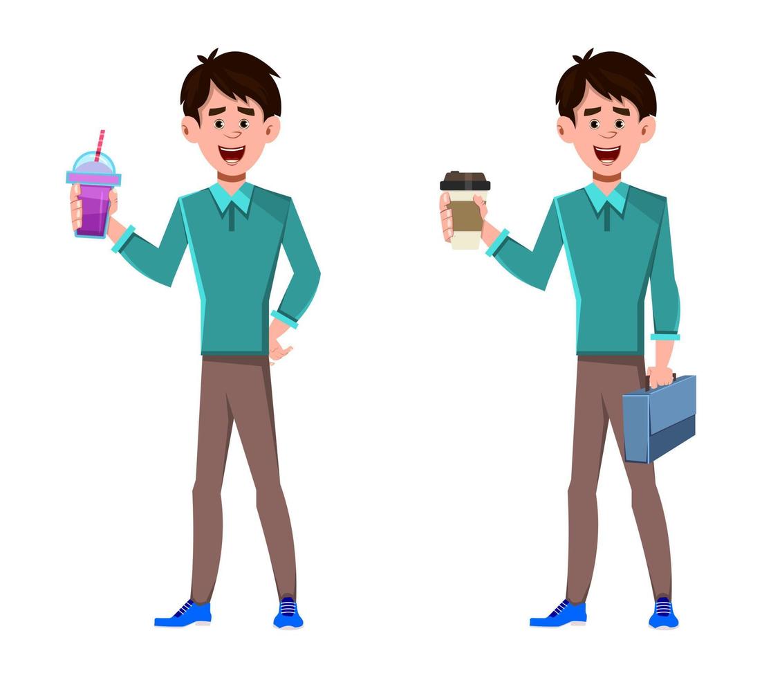 Businessman holding coffee and juice cup vector