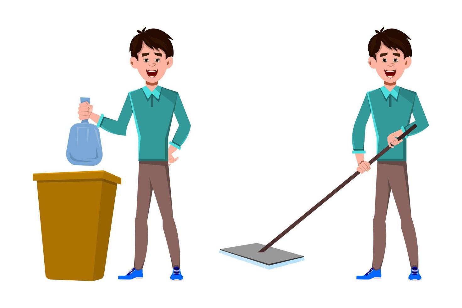 Businessman cleaning floor and put bag of garbage in the trash vector