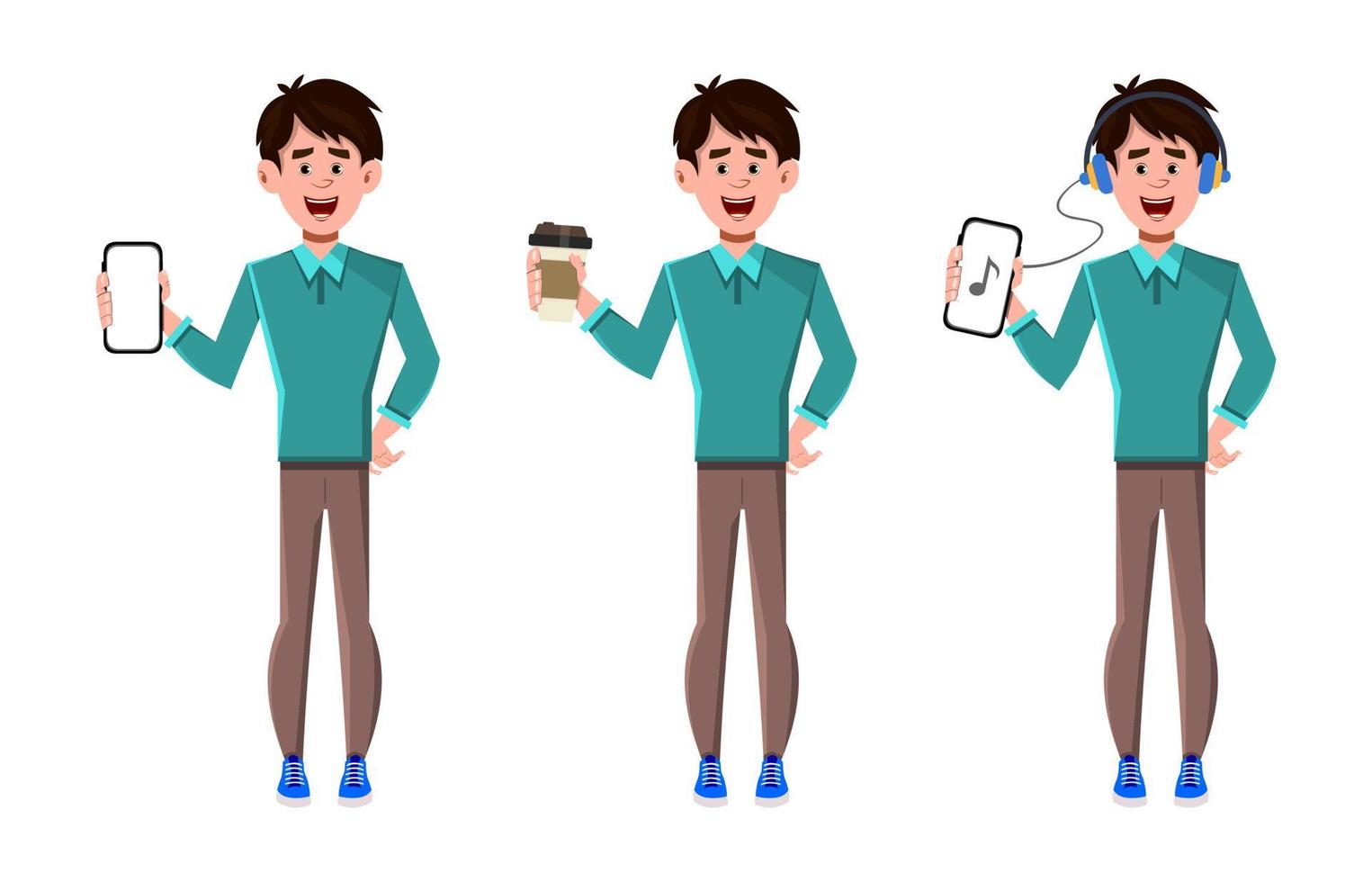 Character set of three poses with holding phone and coffee cup vector
