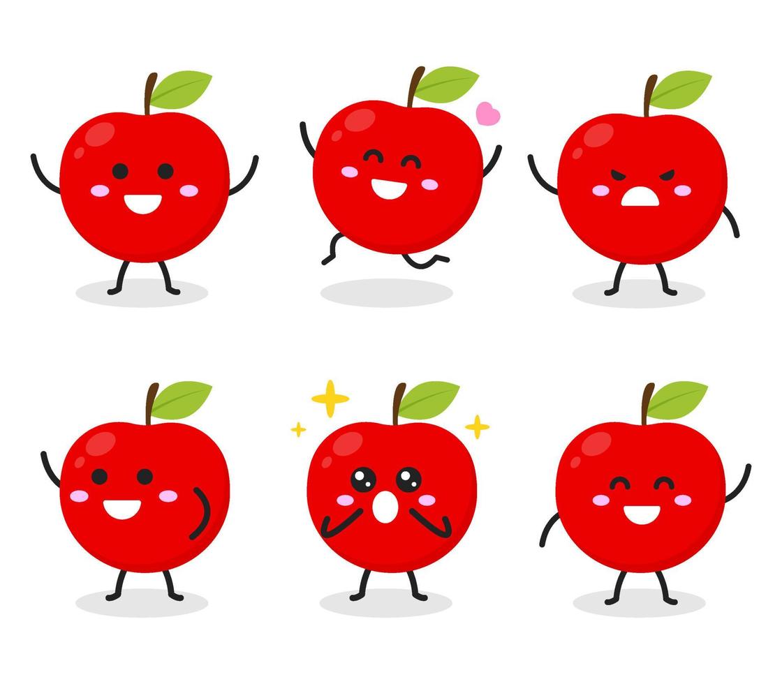 Collection of cute apple character in various poses isolated on white background Funny fruit cartoon Free flat vector graphic design illustration for infographic childrens book and farm concept