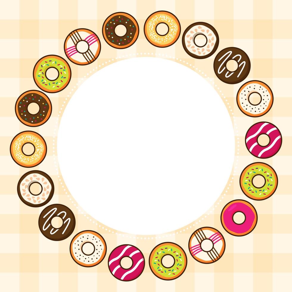 Colorful donut background with copy space for text in the center Template wallpaper for banner design about doughnut Backdrop about food dessert or bakery Trendy cute cartoon free vector illustration