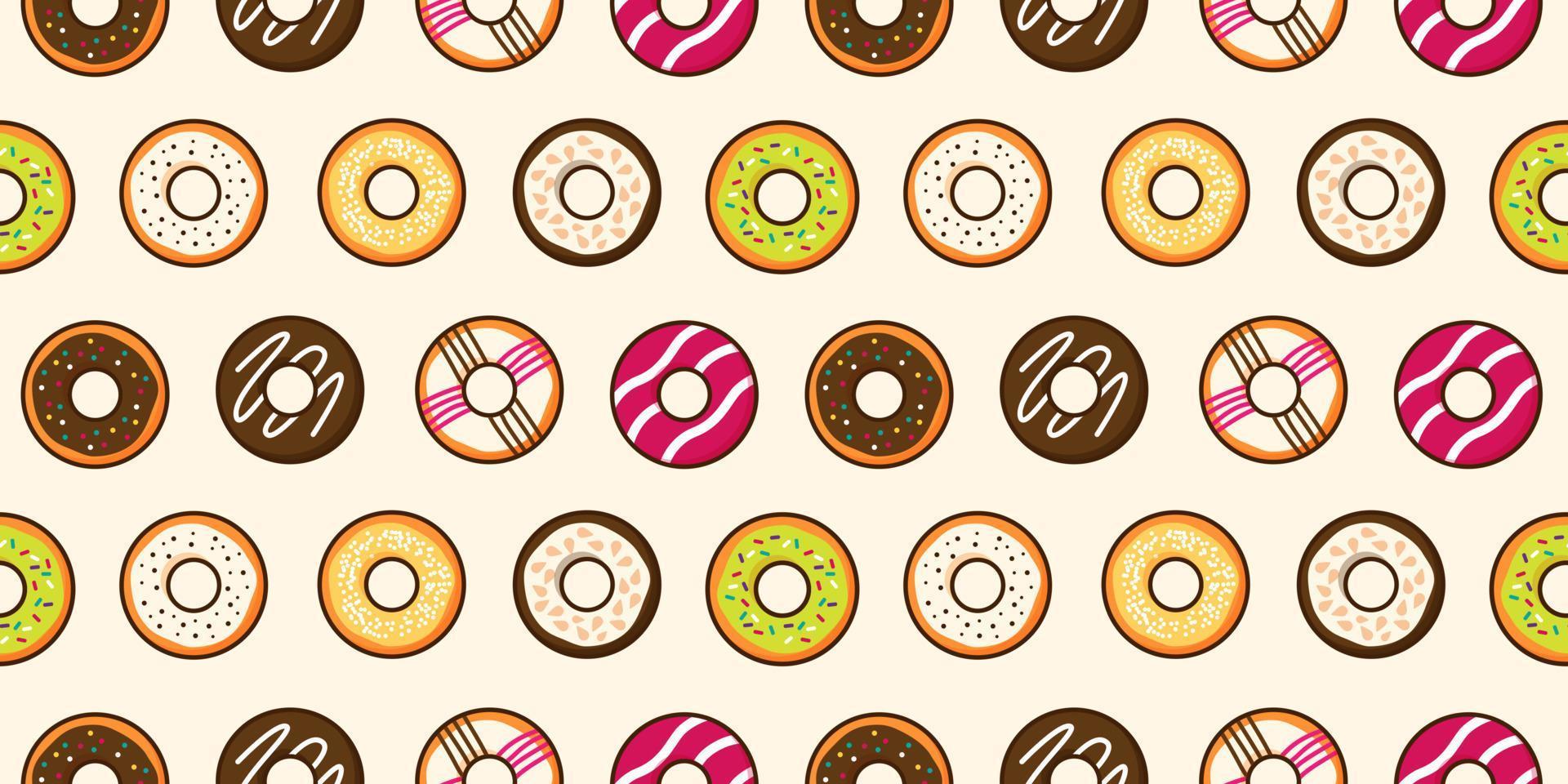 Group of colorful sweet donuts with glaze and sprinkles background Top view doughnut seamless pattern backdrop wallpaper Dessert and bakery concept Trendy cute cartoon food free vector illustration