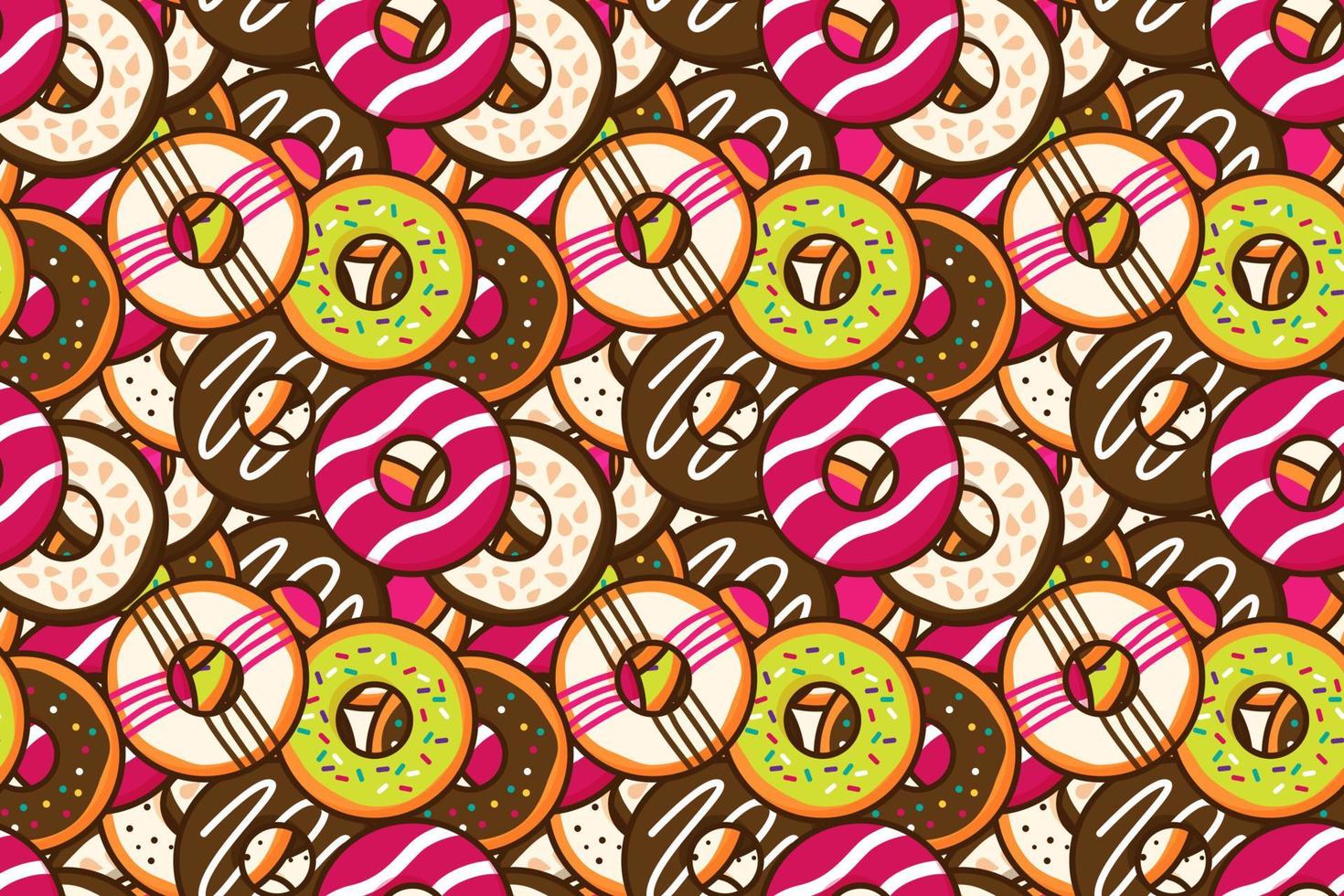 Group of colorful sweet donuts with glaze and sprinkles background Top view  doughnut seamless pattern backdrop wallpaper Dessert and bakery concept  Trendy cute cartoon food free vector illustration 3565493 Vector Art at