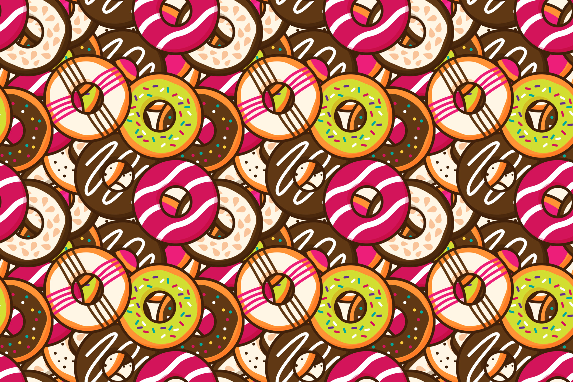 Group of colorful sweet donuts with glaze and sprinkles background Top view  doughnut seamless pattern backdrop wallpaper Dessert and bakery concept  Trendy cute cartoon food free vector illustration 3565493 Vector Art at