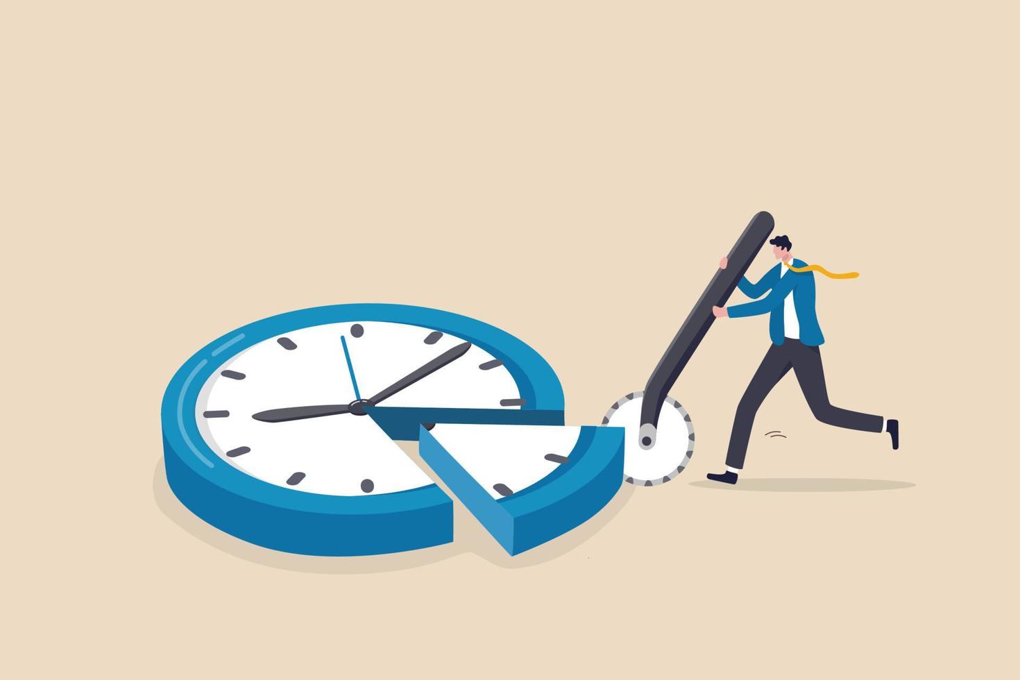 Time allocation, manage limited time to optimize outcome, project management or efficiency and productivity concept, smart businessman cut clock face with pizza cutter metaphor of time management. vector