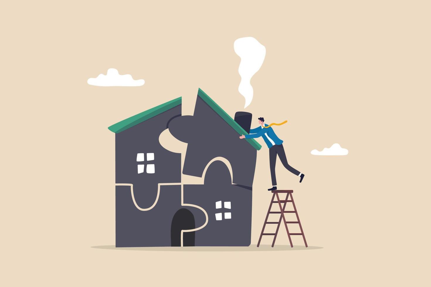 Plan to buying new house or renovation, mortgage loan or housing expense, property maintenance or real estate insurance concept, smart businessman put jigsaw to complete or finishing house puzzle. vector