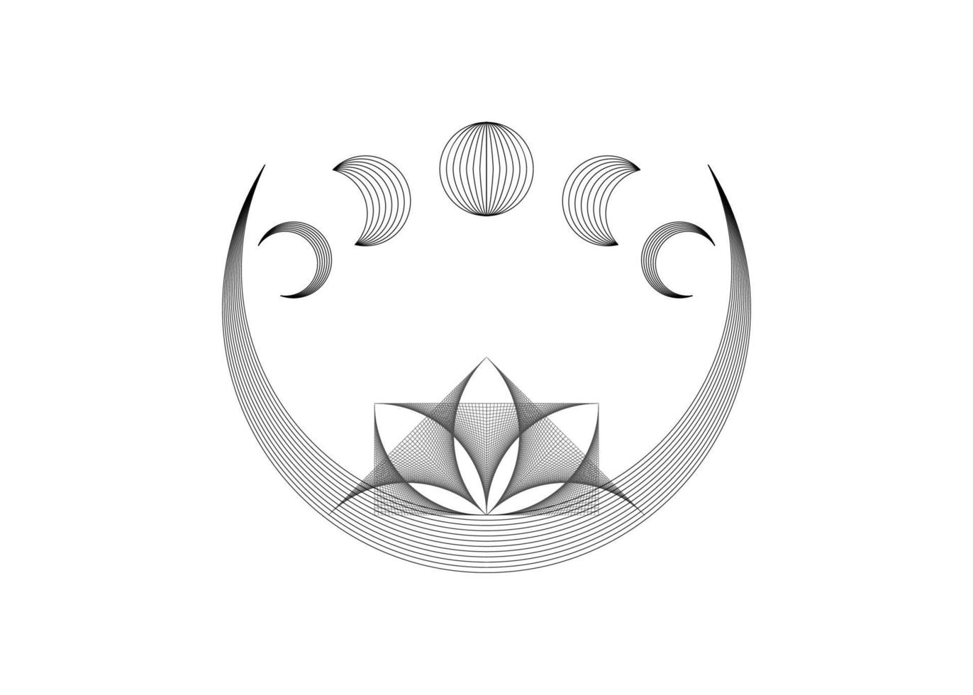 luna creciente de loto, flor de loto mística y fases lunares, geometría sagrada. cuerda línea negra estructura metálica geométrica. vector de diseño de logotipo de arte de hilo aislado sobre fondo blanco