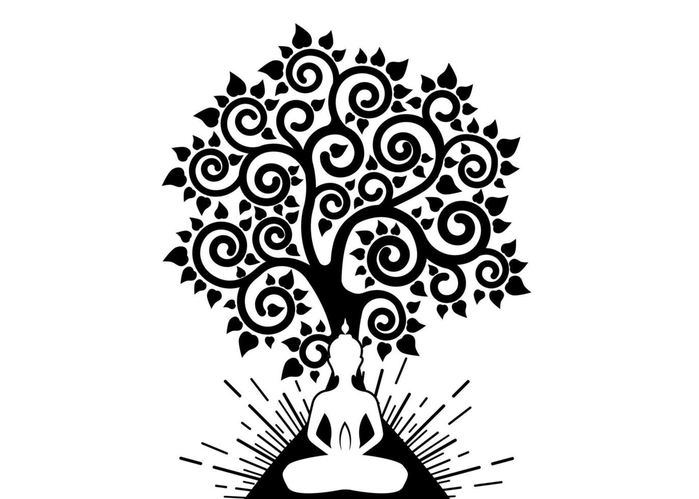 Visakha Puja Day, Meditating Buddha and Bodhi tree in Sacred lotus logo template. Sacred tree, Ficus religiosa, Tree of life concept. Vector isolated on white background