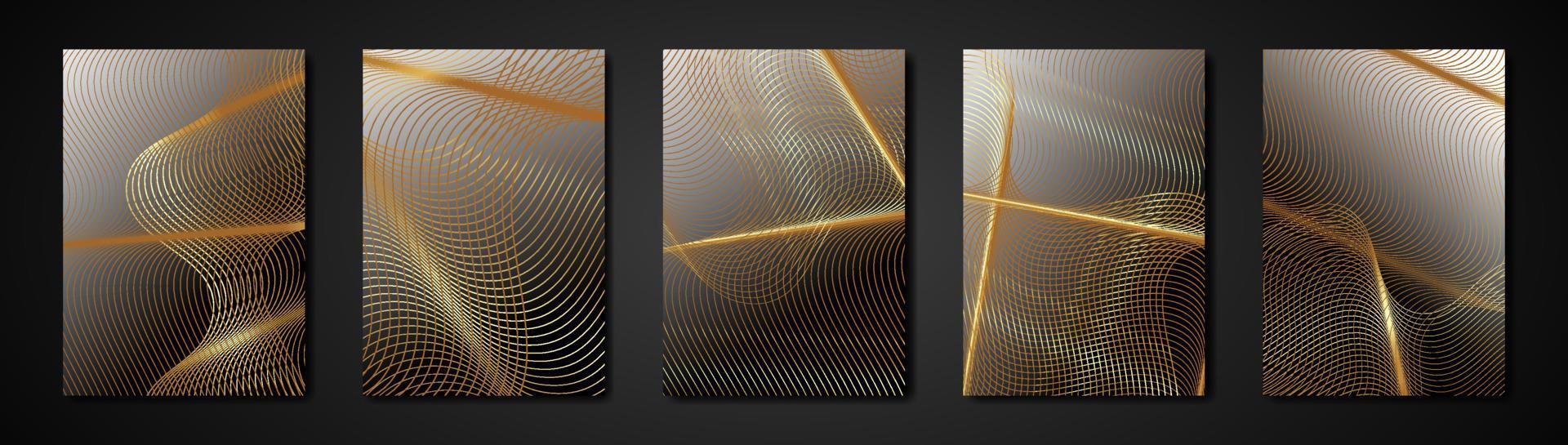Set cards abstract engraving golden texture. Wavy etching background gradient color. Luxury Invitation or cover design template, wavy gold stripes and copy space. Vector illustration