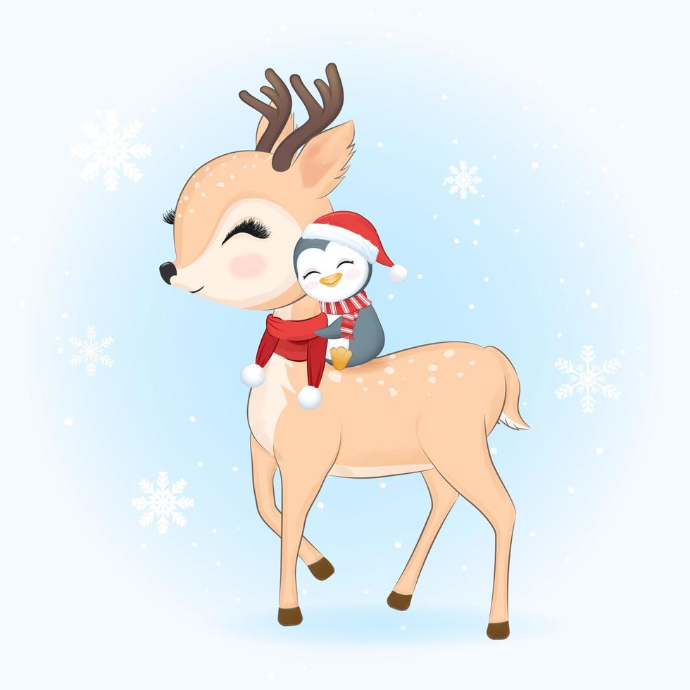 Cute Deer and little penguin. Christmas season vector