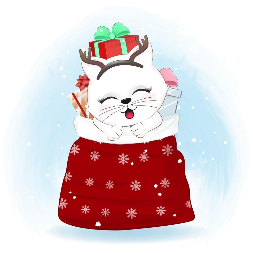 lindo gato en bolsa de regalo temporada navideña vector