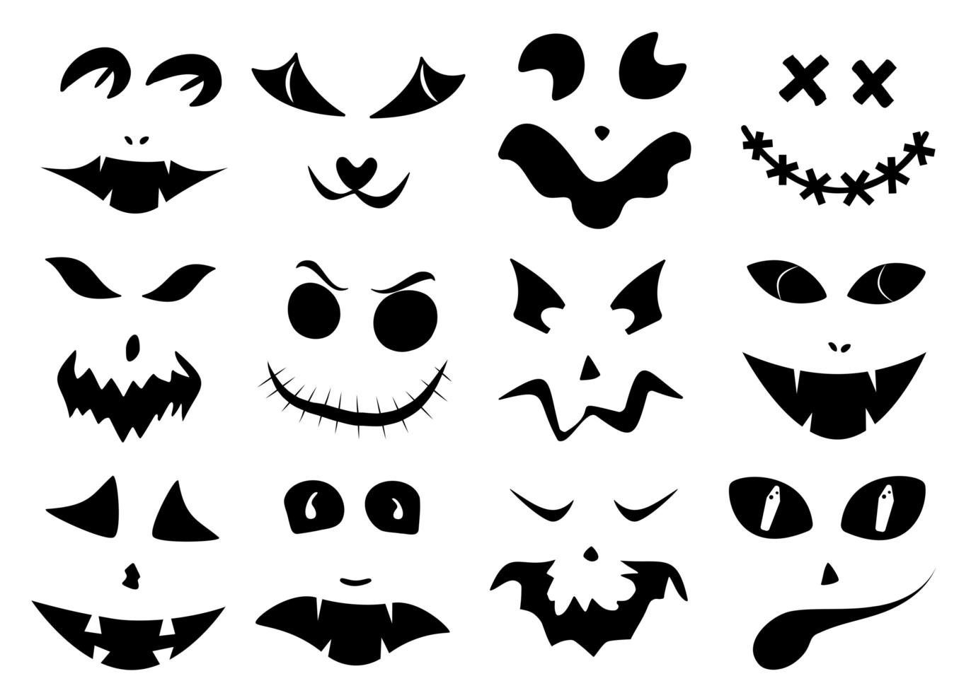 Set of Halloween carved faces silhouettes. Black elements for decorating pumpkins vector