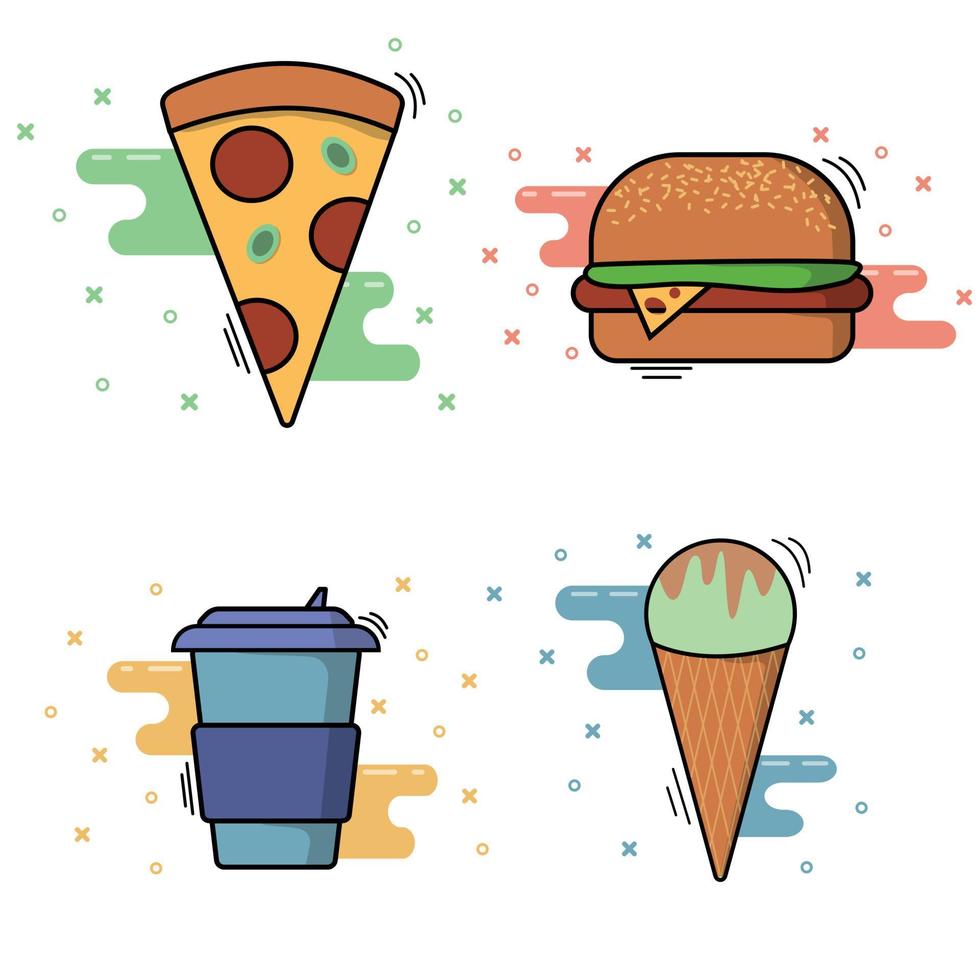 Colored stickers food and drink icons, yellow, green, red, blue, bright and cartoon vector