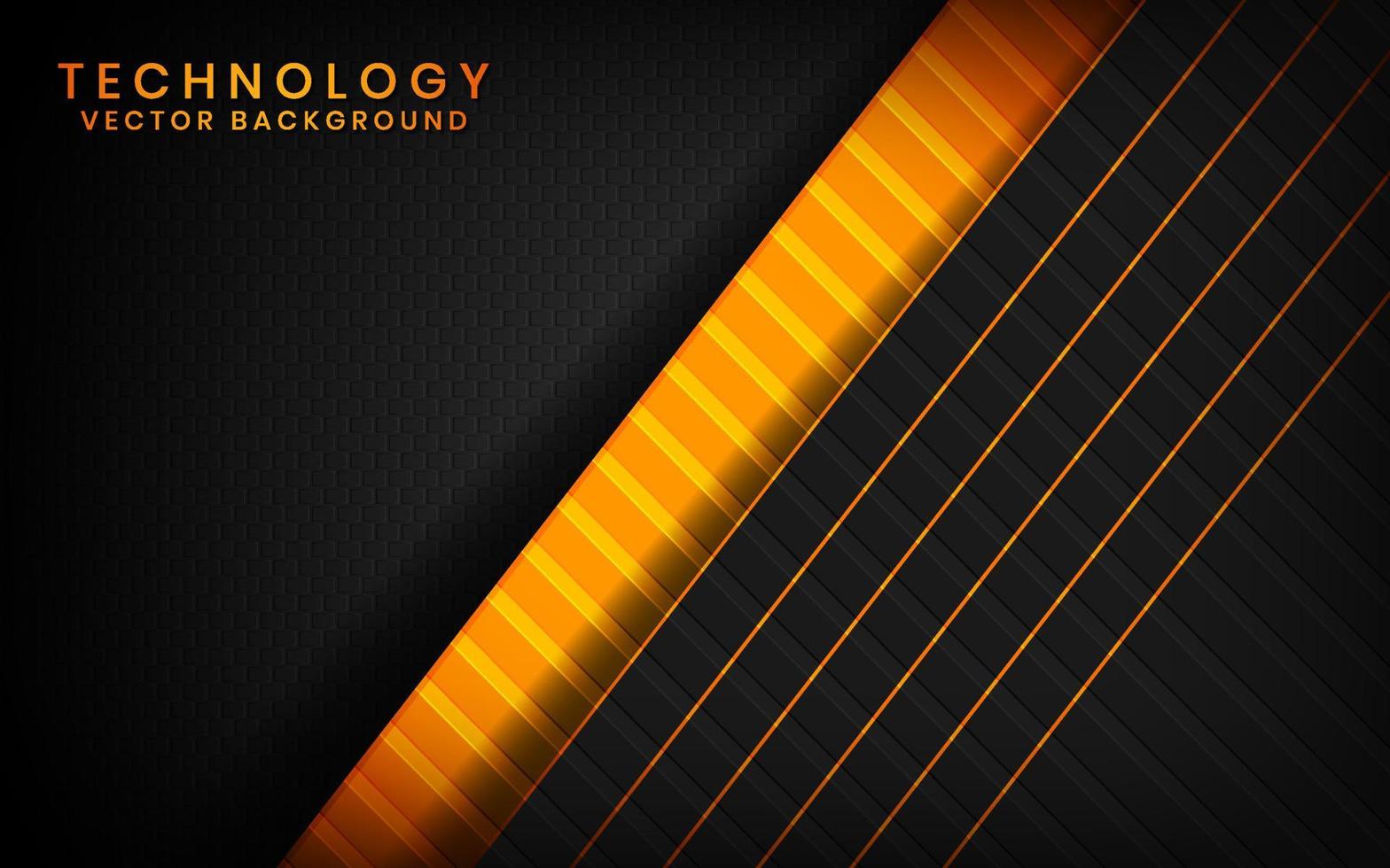 Capas superpuestas de fondo techno negro y naranja abstracto 3d en el espacio oscuro con decoración de efecto metálico de líneas. elemento de plantilla moderno concepto de estilo futuro para volante, tarjeta, portada o página de destino vector