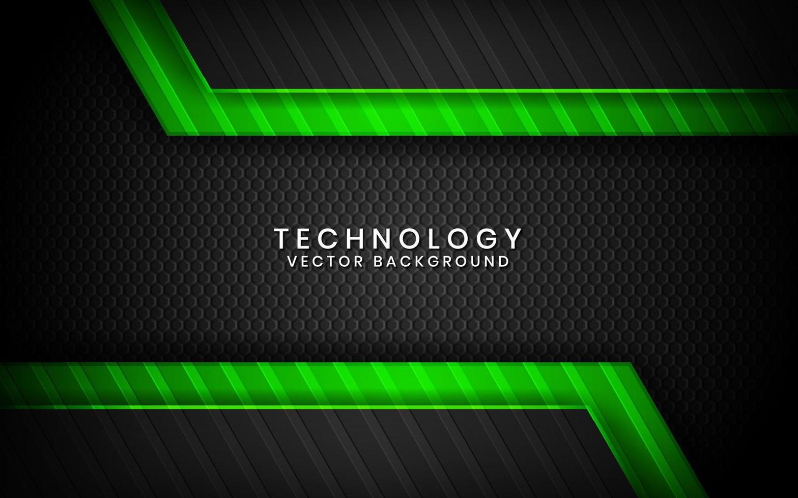 Capas superpuestas de fondo techno negro y verde 3d abstracto en el espacio oscuro con decoración de efecto metálico de líneas. elemento de plantilla moderno concepto de estilo futuro para volante, tarjeta, portada o página de destino vector