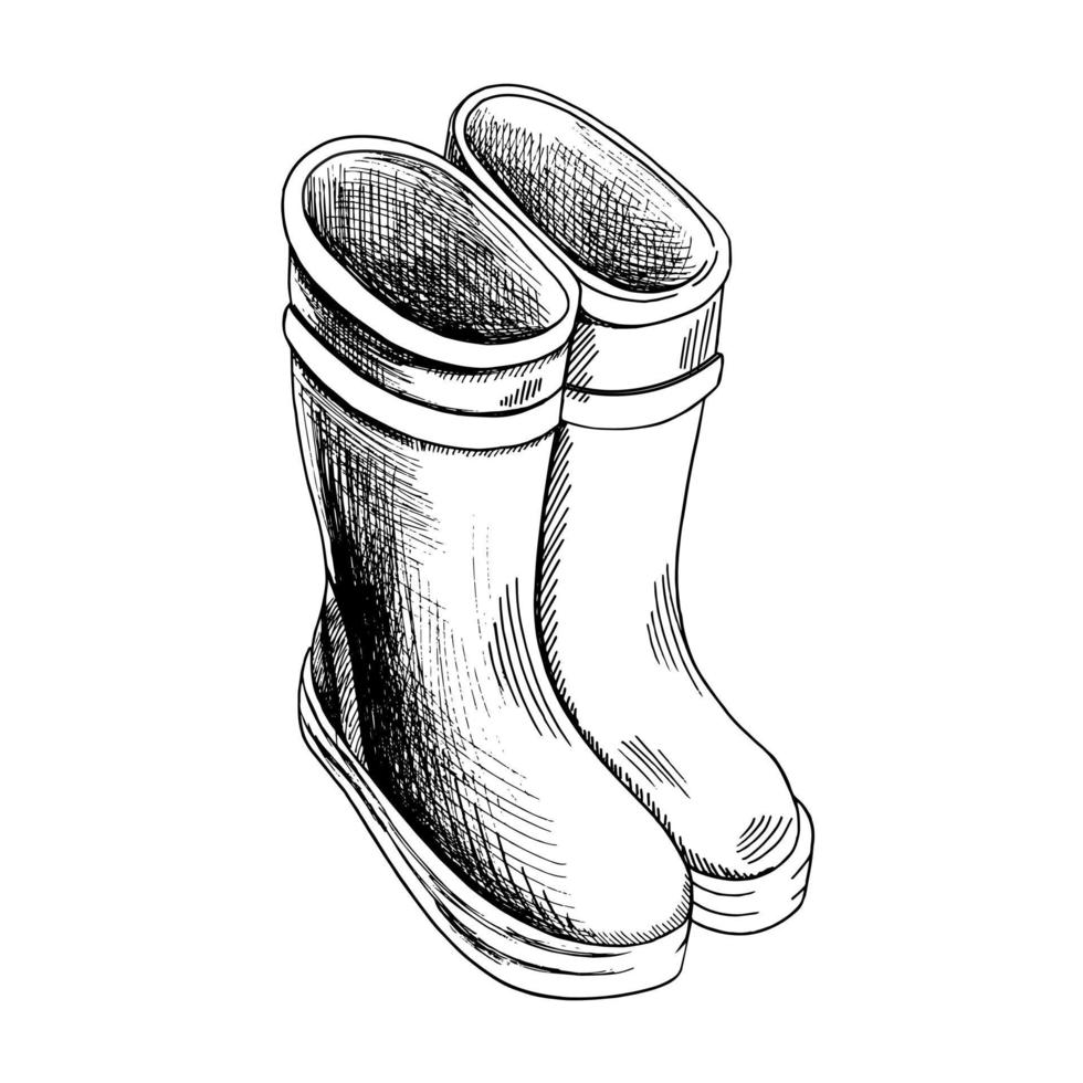 Rubber boots hand-drawn vector illustration. Autumn waterproof  boots. Classic waterproof shoes. A design sketch element  on a white background. Drawing with an ink pen.