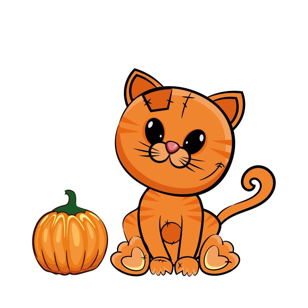 lindo gato rayado rojo con una calabaza sobre un fondo blanco. ilustración vectorial de dibujos animados para halloween. vector