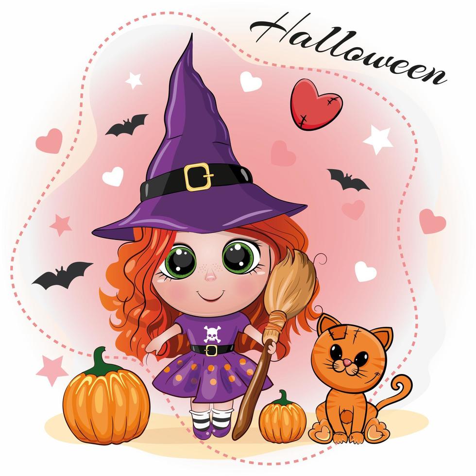 Cute Halloween  card with a red-haired girl in a witch hat, with a broom in her hand, with pumpkins and a red cat on a cute pink background. Cartoon vector illustration.