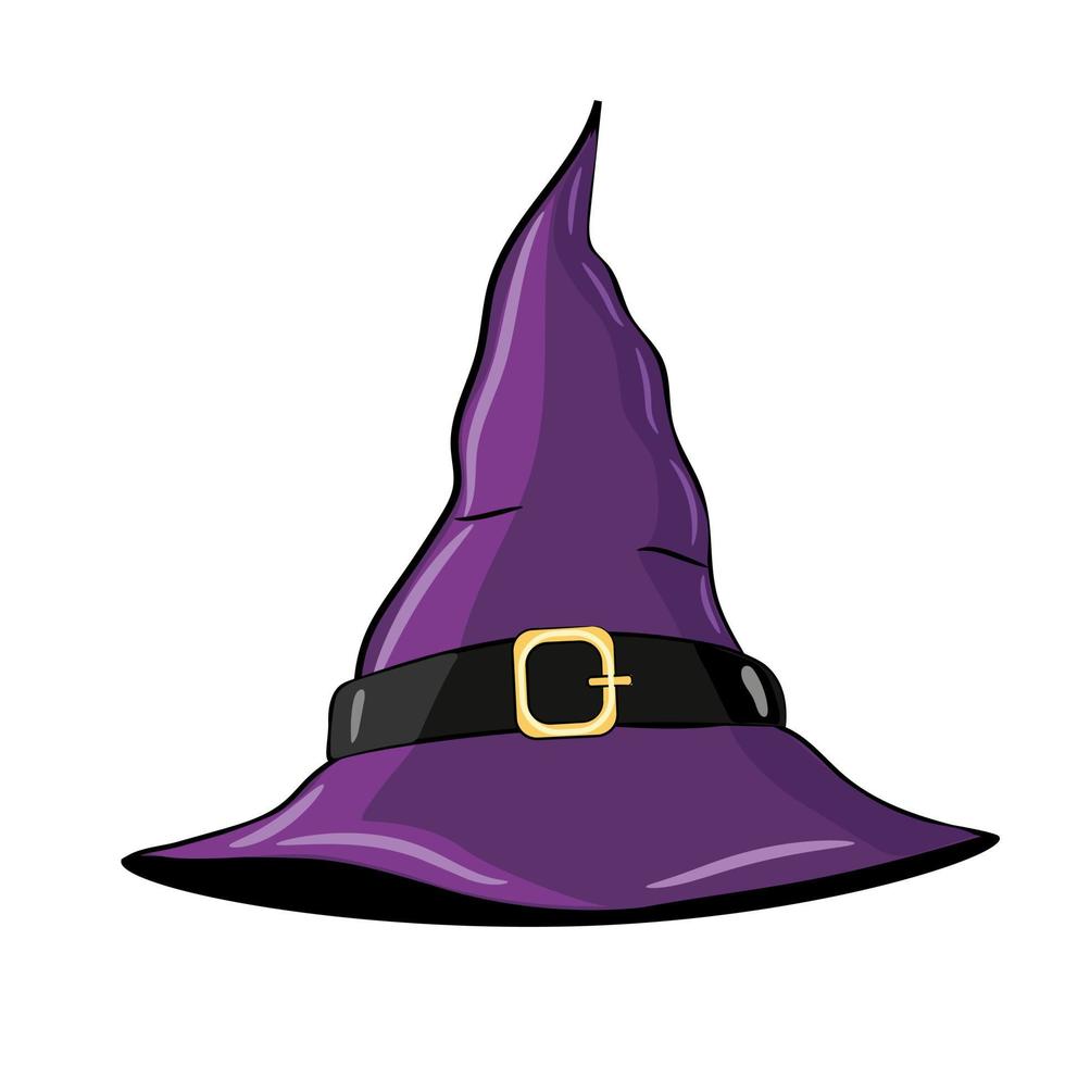 Lindo sombrero de bruja morado puntiagudo con hebilla de oro aislado sobre un fondo blanco. ilustración vectorial de dibujos animados para halloween. vector