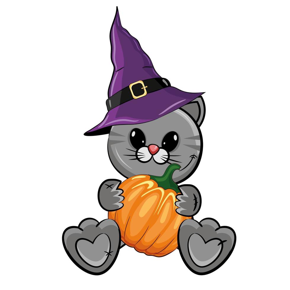 linda ilustración de halloween con un gato gris de dibujos animados con un sombrero de bruja con calabaza aislado en un fondo blanco. ilustración vectorial de dibujos animados. vector