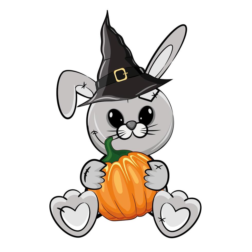 Cute Halloween illustration with a cartoon gray rabbit in a witch hat with pumpkin isolated on a white background. Cartoon vector illustration.