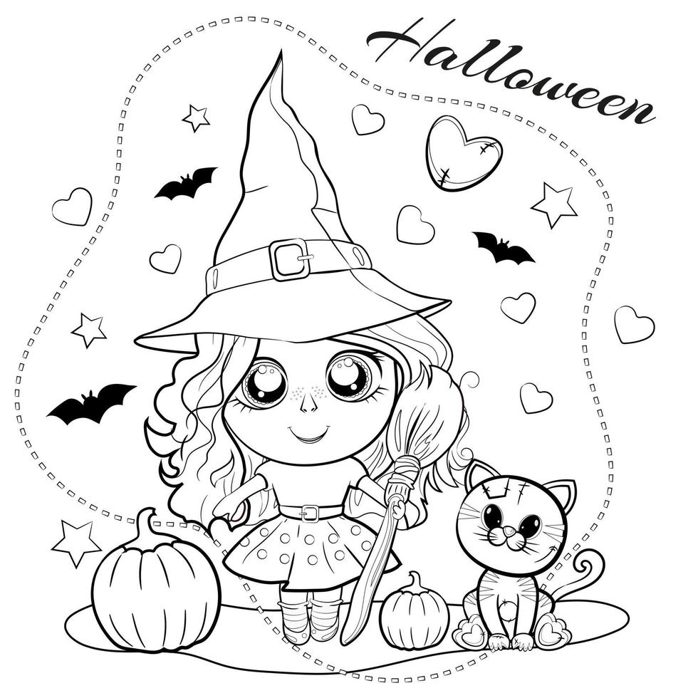 Cute coloring page for Halloween with a girl in a witch hat, with a broom in her hand, with pumpkins and a cat. Outline vector illustration.