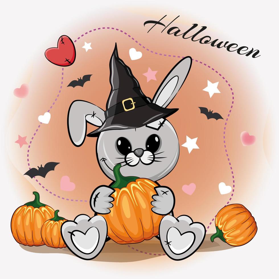 Cute Halloween illustration with a cartoon gray rabbit in a witch hat with pumpkins on a cute orange background. Cartoon vector illustration.