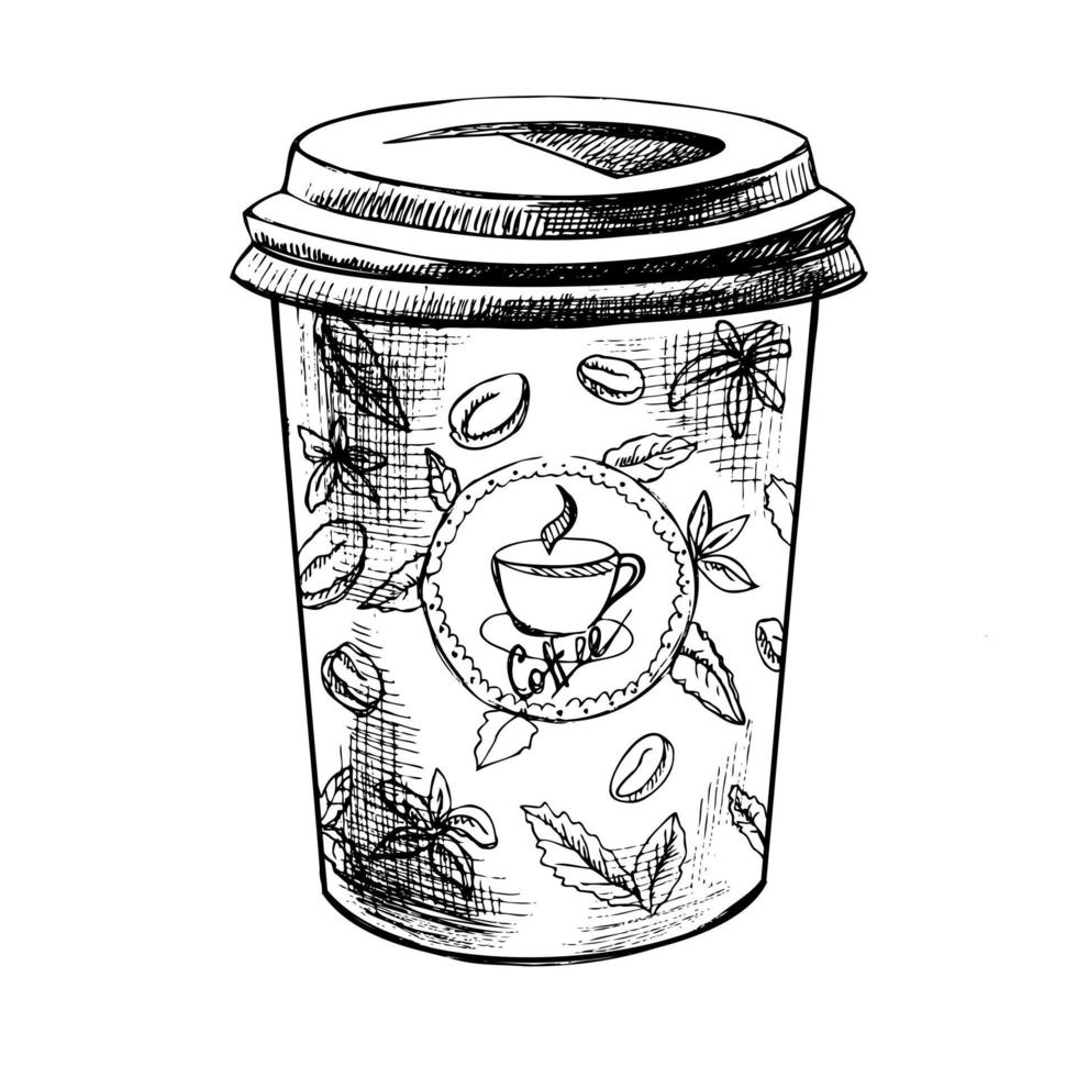 Beautiful vector hand-drawn coffee to go Illustration. Detailed retro style image. Vintage sketch element for labels, packaging and cards design.