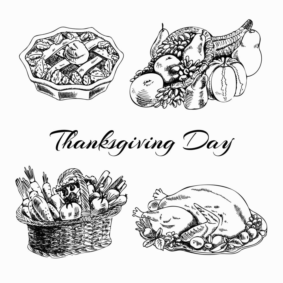 A hand-drawn set of Thanksgiving dishes. Vintage ink drawings. Vector illustration for labels and postcards.