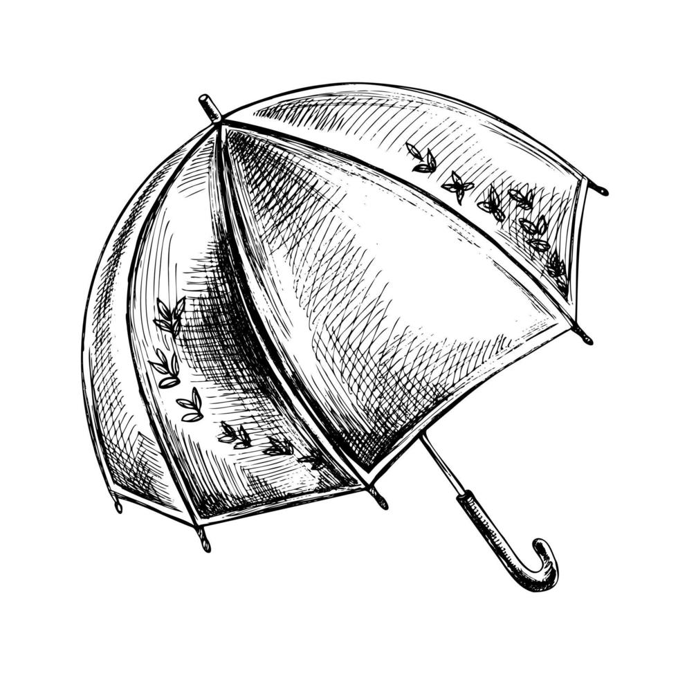 Open umbrella hand-drawn vector illustration. Rain protection. Sketch design element isolated on white background. Autumn season accessory. Waterproof parasol ink pen freehand drawing.