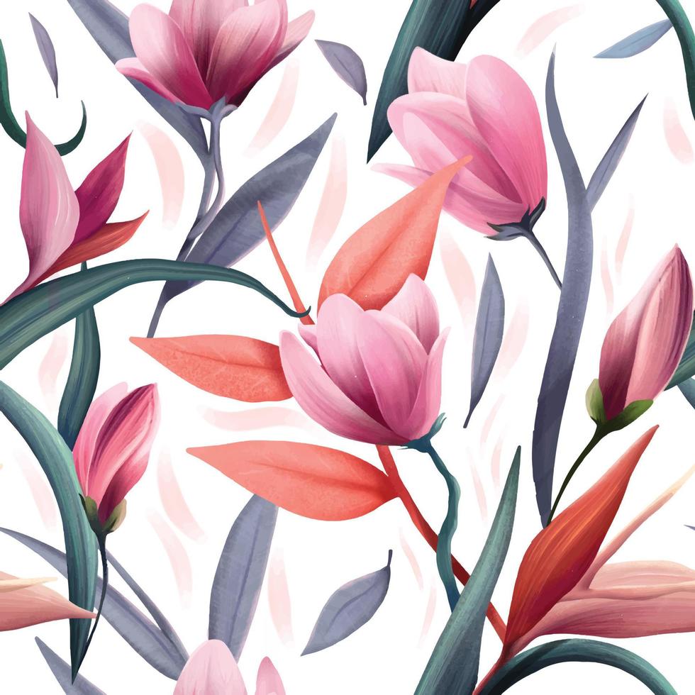 Seamless vector pattern with watercolor flowers and leaves, magnolia and bird of paradise flowers, semaless pattern for fabric Illustrator Artwork