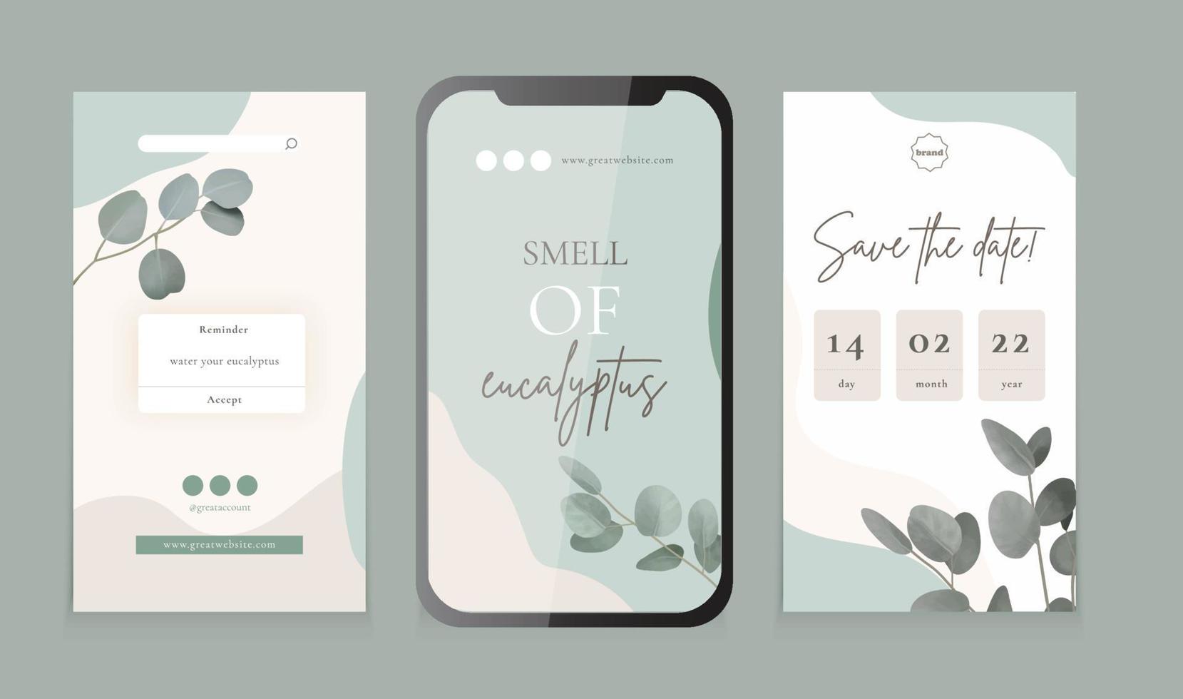 Social media feed, vector template for vertical posts and stories, watercolor eucalyptus